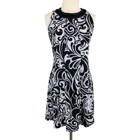 Bay Studio Slinky Dress Fit Flare Knee Length Geometric Swirl Bling Trim Sz 10P - Picture 1 of 8